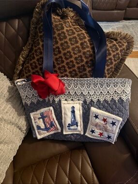 Navy Quilted Nautical Tote with Red Bow Accent